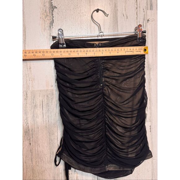 Privy Windsor Black Mesh Ruched Mini Skirt | Sheer Overlay Nude Lining Bodycon S - Picture 9 of 10